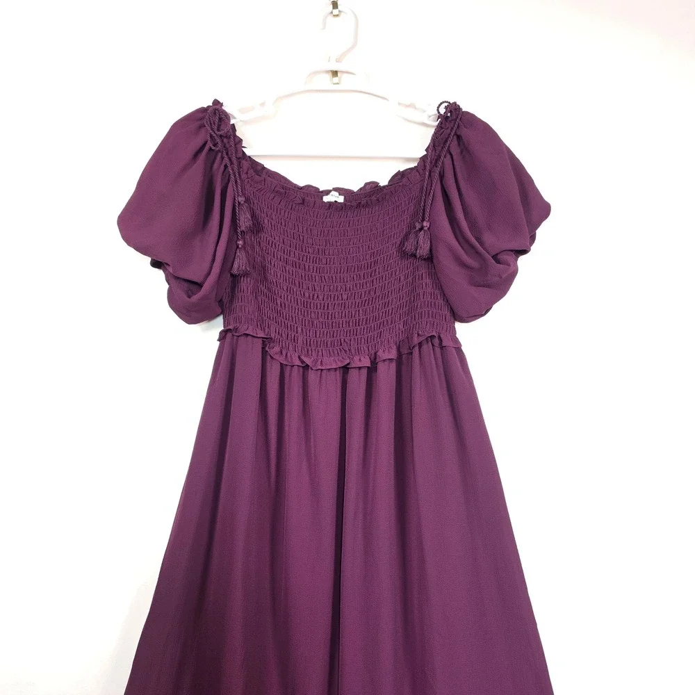 Max Studio‎ Maxi Dress Womens L Purple Boho Cottage Puff Sleeve Tiered Smocked